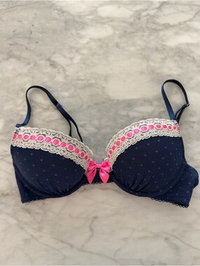 Victorias Secret Navy Polka Dot and Pink Lace Trim Push-Up Bra